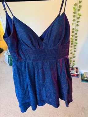 Juniors Glitter Navy Blue Mini Dress with V-Neck and Spaghetti Straps